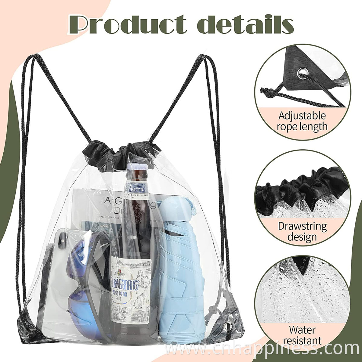 Clear PVC Bag Waterproof Travel Shoes Strong Plastic Drawstring Bag Custom logo Beach Transparent Stadium Backpack String Bag